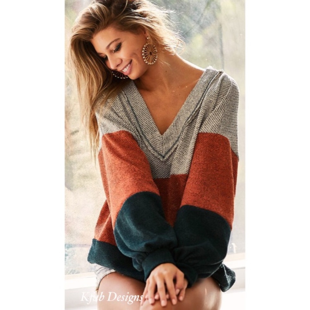 LAST ONE V Neck Colorblock Fall Colors Knit Top - Picture 4 of 7